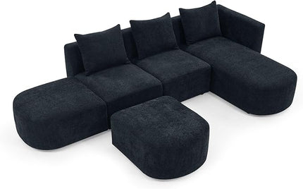 113" L-Shape Sectional Side Chaise and Ottoman, Modular Sofa, DIY Combination, Loop Yarn Fabric for Living Room, Apartment, 113inch, Black Right - LeafyLoom