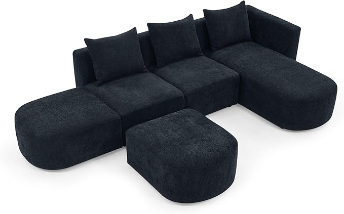 113" L-Shape Sectional Side Chaise and Ottoman, Modular Sofa, DIY Combination, Loop Yarn Fabric for Living Room, Apartment, 113inch, Black Right - LeafyLoom