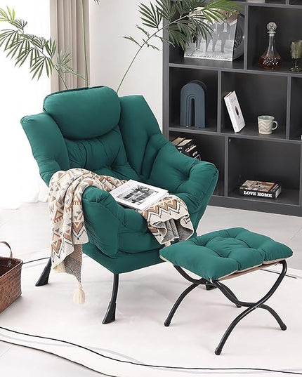Lazy Chair with Ottoman, Modern Accent Chair Contemporary Lounge Leisure Upholstered Sofa Chair Set with Armrests, Reading Chair for Living Room, Bedroom, Office, Dark Green - LeafyLoom