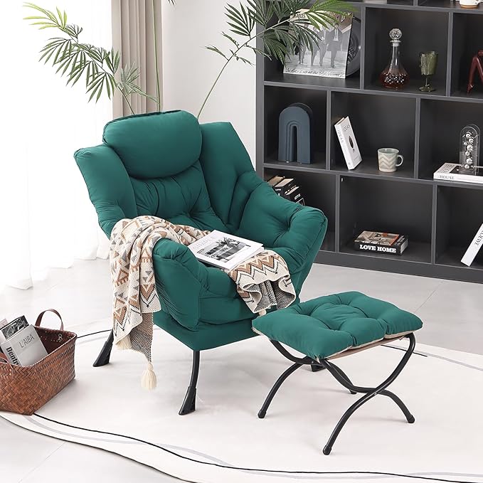 Lazy Chair with Ottoman, Modern Accent Chair Contemporary Lounge Leisure Upholstered Sofa Chair Set with Armrests, Reading Chair for Living Room, Bedroom, Office, Dark Green - LeafyLoom