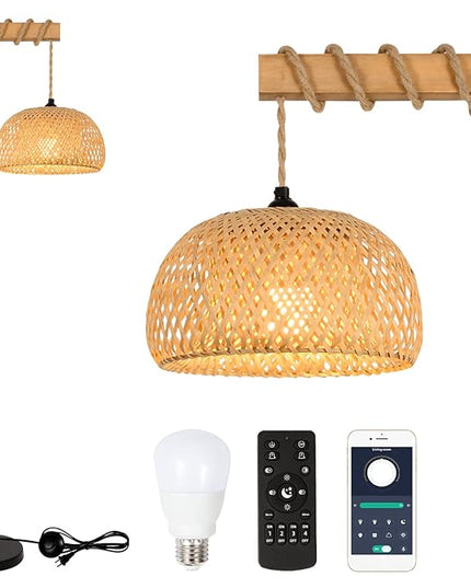 Boho Floor Lamp with Remote, Farmhouse Dimmable Rattan Standing Lamp with Smart Blub, Bamboo Lampshade, App Control, Wood Black Tall Lamp for Living Room Bedroom Office, 9W LED Bulb Included - LeafyLoom