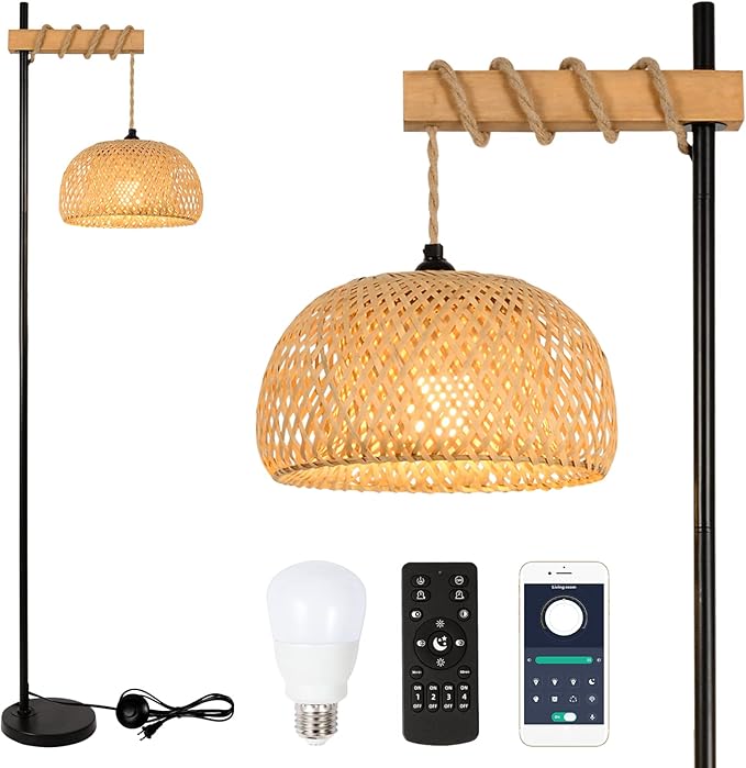 Boho Floor Lamp with Remote, Farmhouse Dimmable Rattan Standing Lamp with Smart Blub, Bamboo Lampshade, App Control, Wood Black Tall Lamp for Living Room Bedroom Office, 9W LED Bulb Included - LeafyLoom