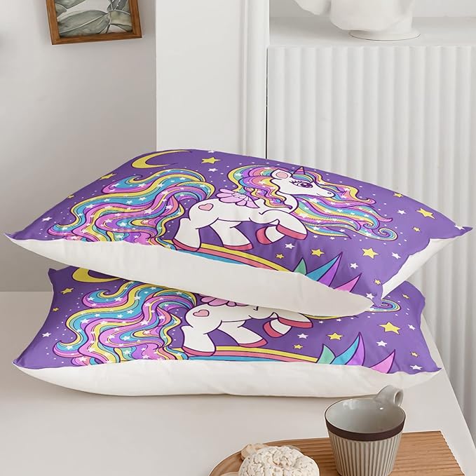 Unicorn Comforter Queen Size,Rainbow Unicorn Comforter Set for Kids Teens Girls,3Pcs Bedding Set Printed Comforter with 2 Pillowcases,Down Alternative,Soft and Lightweight(Purple，Queen Size) - LeafyLoom