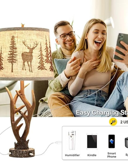 Dungoo 26" Touch Control Antler Table Lamps Set of 2, 3-Way Dimmable Rustic Lamp with 2 USB Ports, Natural Antler Lamp with Deer Forest Lampshade Farmhouse Lamps for Living Room Foyer - LeafyLoom