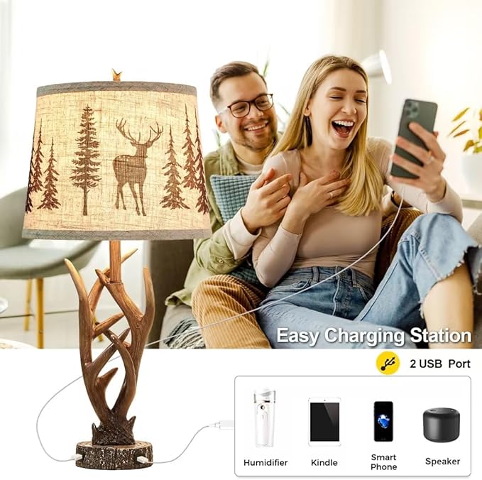 Dungoo 26" Touch Control Antler Table Lamps Set of 2, 3-Way Dimmable Rustic Lamp with 2 USB Ports, Natural Antler Lamp with Deer Forest Lampshade Farmhouse Lamps for Living Room Foyer - LeafyLoom