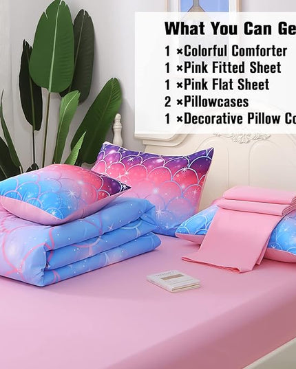 JQinHome Twin Size Mermaid Comforter Set, 6 Piece Bed in A Bag 3D Colorful Bedding Set for Girls kids (1 Comforter,2 Pillowcases,1 Flat Sheet,1 Fitted Sheet,1 Cushion Cover)(Pink Mermaid Scale) - LeafyLoom