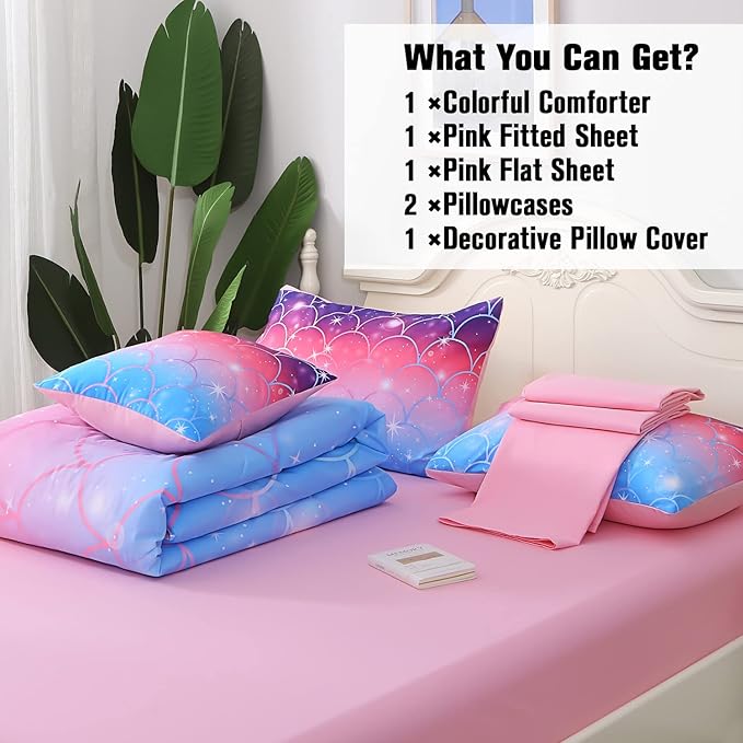 JQinHome Twin Size Mermaid Comforter Set, 6 Piece Bed in A Bag 3D Colorful Bedding Set for Girls kids (1 Comforter,2 Pillowcases,1 Flat Sheet,1 Fitted Sheet,1 Cushion Cover)(Pink Mermaid Scale) - LeafyLoom