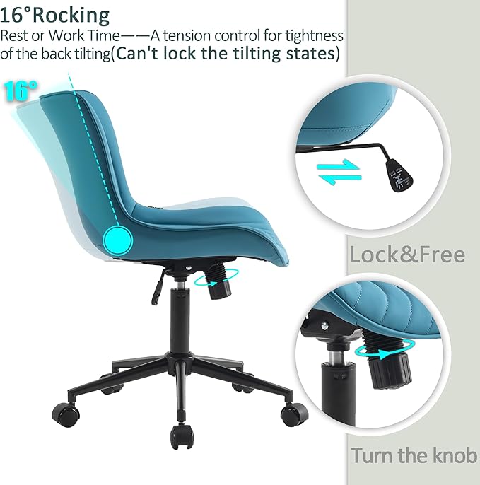 YOUTASTE Office Chair with Wheels Modern Armless Desk Chair, Adjustable Swivel Rolling Computer Task Chair, Faux Leather Sewing Chairs with Ergonomic Rocking Back Gaming Chair, Bright Blue - LeafyLoom