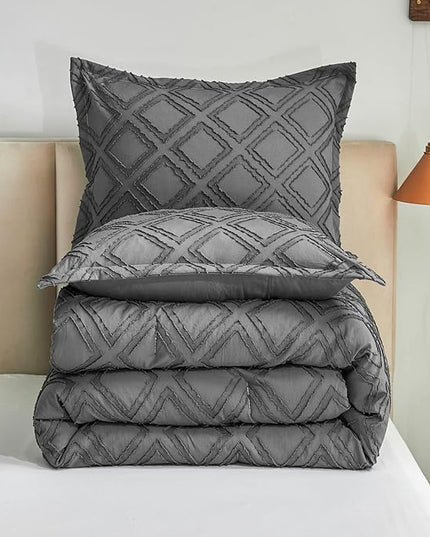 7 Pieces Tufted Bed in a Bag Queen Comforter Set with Sheets Dark Grey, Soft and Embroidery Shabby Chic Boho Bohemian, Solid Color with Diamond Pattern, Jacquard Tufts Bedding Set for All Season - LeafyLoom