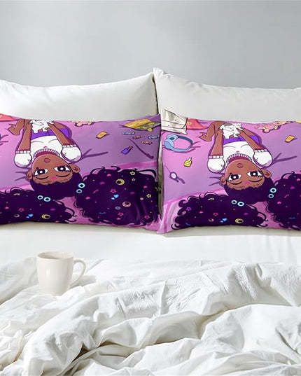 Pink Black Girl Comforter Sets for Girls, Soft African American Girls Full Size Comforter Sets for Girls Teens, 3Pcs Little Fluffy Afro Gilr Comforter Bedding Set with 2 Pillowcases, Full Size - LeafyLoom