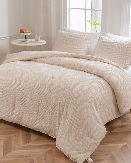 Full Comforter Set, Tufted Cream Comforter Set Full, Boho Bedding Comforter Sets Extra Fluffy, Ideal for All Seasons 3 Pieces (1 Comforter, 2 Pillowcases) - LeafyLoom