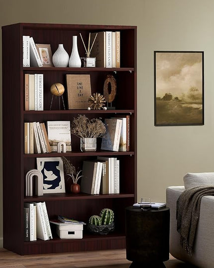 Soohow Mahogany Bookcase,Bookshelf for Bedroom,60 inches Tall Wood Book case Book Shelves,5 Shelf Book Shelves for Living Room Office - LeafyLoom