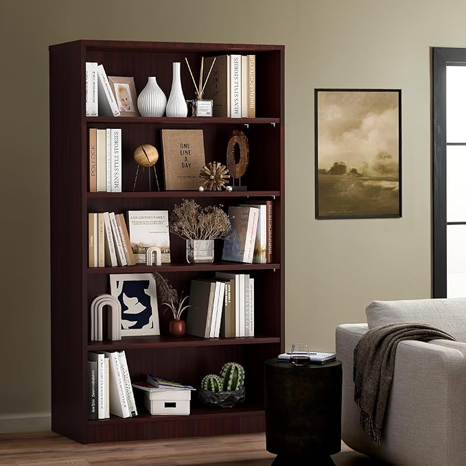 Soohow Mahogany Bookcase,Bookshelf for Bedroom,60 inches Tall Wood Book case Book Shelves,5 Shelf Book Shelves for Living Room Office - LeafyLoom