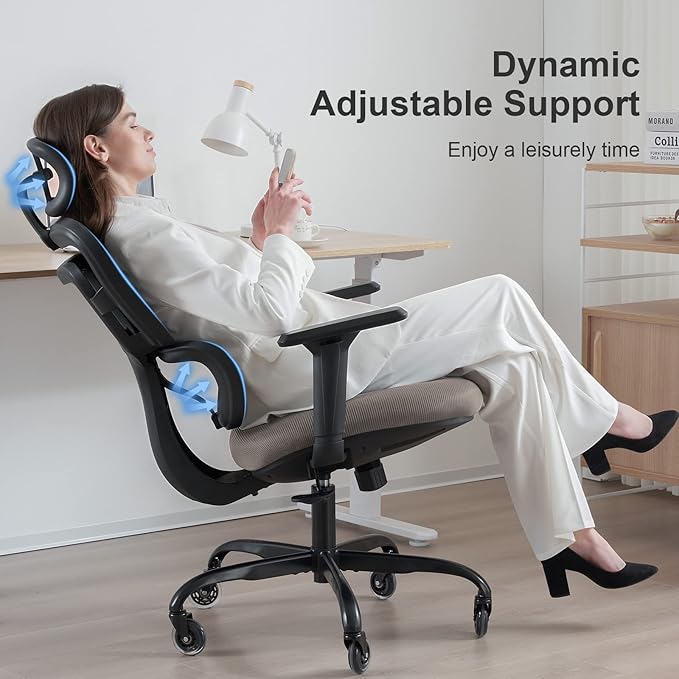 Ergonomic Office Chair - Mesh Office Chair High Back, Rolling Desk Chair, Executive Swivel Chair, Computer Chair with 3D Adjustable Armrest, 3D Lumbar Support, Blade Wheels, Adjustable Headrest - LeafyLoom