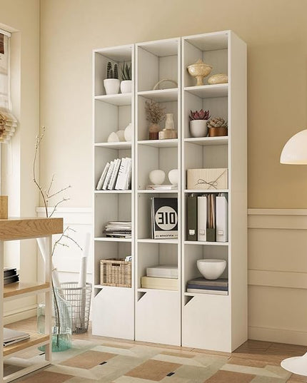 IBUYKE 6 Tier Tall Narrow Bookcase, Modern White Corner Bookcase with Doors Storage,Cube Media Tower Rack,Cabinet,Floor Standing Display Storage Shelves for Small Spaces,for Home Office White UWBC001W - LeafyLoom