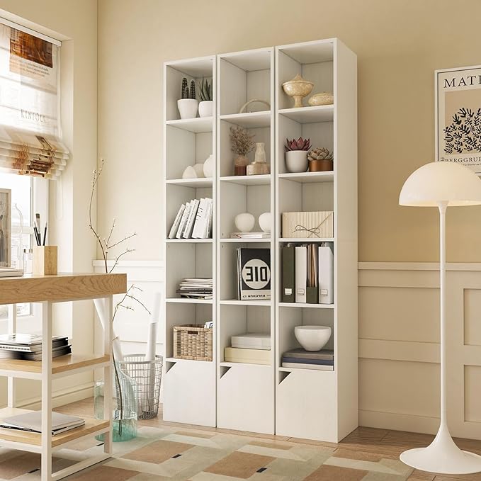 IBUYKE 6 Tier Tall Narrow Bookcase, Modern White Corner Bookcase with Doors Storage,Cube Media Tower Rack,Cabinet,Floor Standing Display Storage Shelves for Small Spaces,for Home Office White UWBC001W - LeafyLoom