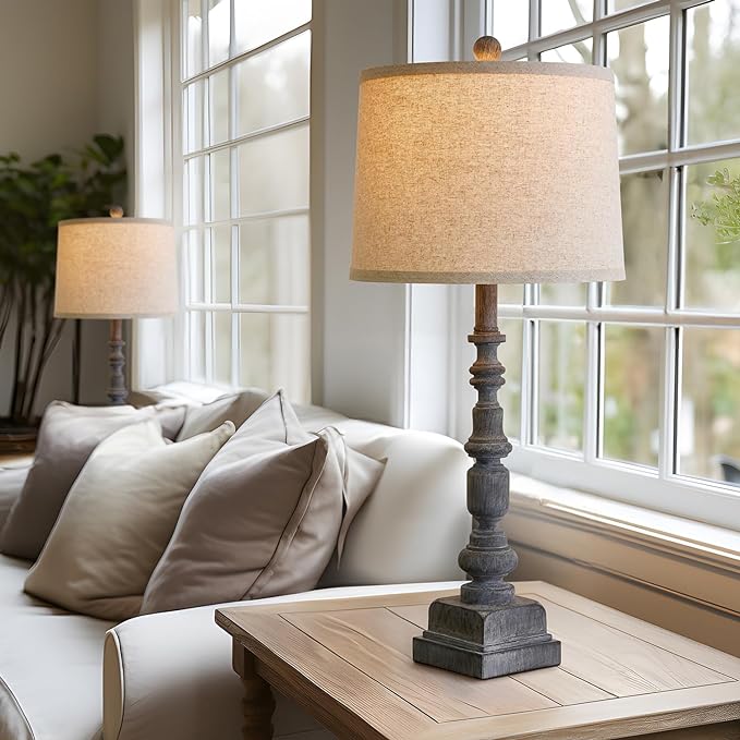 Oneach 27.75" Vintage Farmhouse USB A+C Table Lamps Set of 2 for Living Room Traditional Bedside Lamps for Bedroom Office Mid Century Table Lamp Antique Grey Accent Rustic Lamps for End Table - LeafyLoom