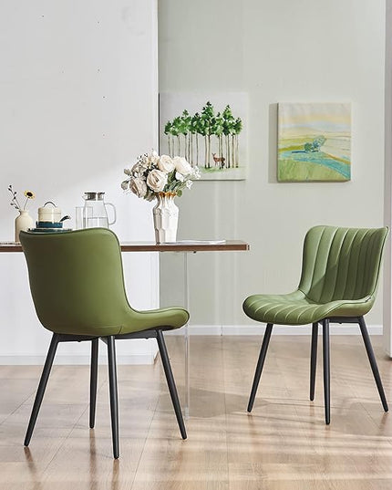 YOUNUOKE Olive Green Dining Chairs Set of 2 Upholstered Mid Century Modern Kitchen Chair Armless Faux Leather Side Chairs with Padded Back Metal Legs for Living Room Bedrooms - LeafyLoom