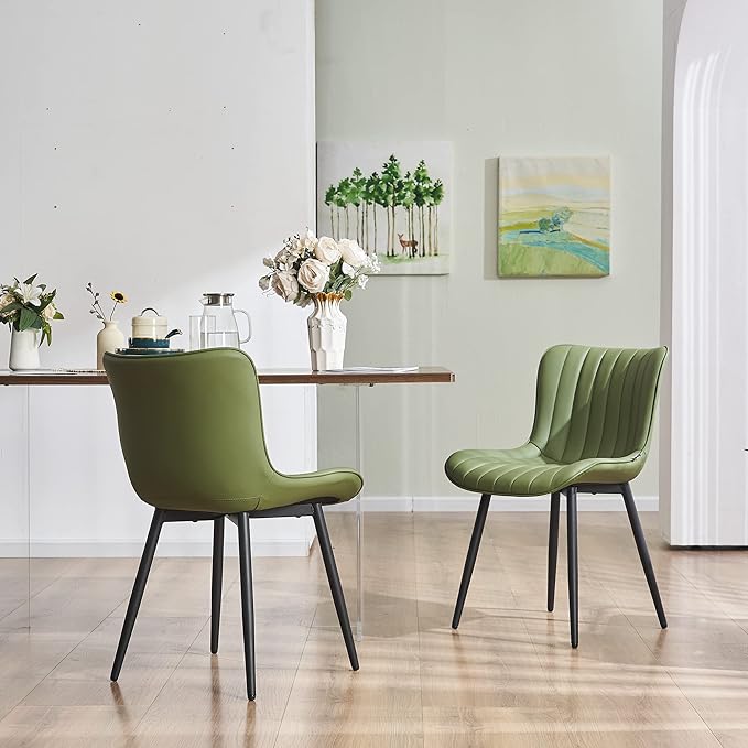 YOUNUOKE Olive Green Dining Chairs Set of 2 Upholstered Mid Century Modern Kitchen Chair Armless Faux Leather Side Chairs with Padded Back Metal Legs for Living Room Bedrooms - LeafyLoom