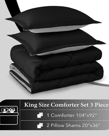 downluxe King Size Comforter Set - Black and Grey King Comforter, Soft Bedding Sets for All Seasons -3 Pieces - 1 Comforter (104"x92") and 2 Pillow Shams(20"x36") - LeafyLoom