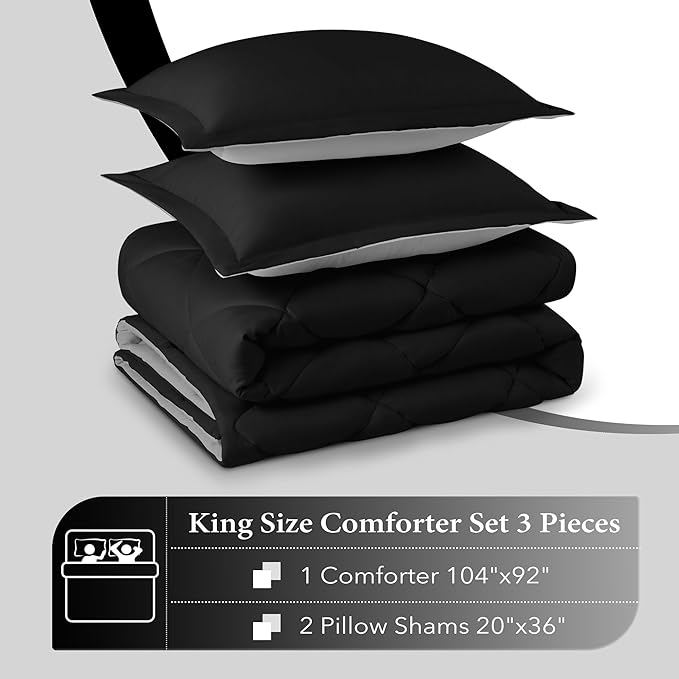 downluxe King Size Comforter Set - Black and Grey King Comforter, Soft Bedding Sets for All Seasons -3 Pieces - 1 Comforter (104"x92") and 2 Pillow Shams(20"x36") - LeafyLoom