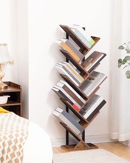 HOOBRO Tree Bookshelf, 9-Tier Bookcase Wooden Shelves, Floor Standing Storage Rack, for Display of CDs, Books in Living Room, Home Office, Wood Storage Rack for Bedroom, Rustic Brown BF08SJ01G1 - LeafyLoom