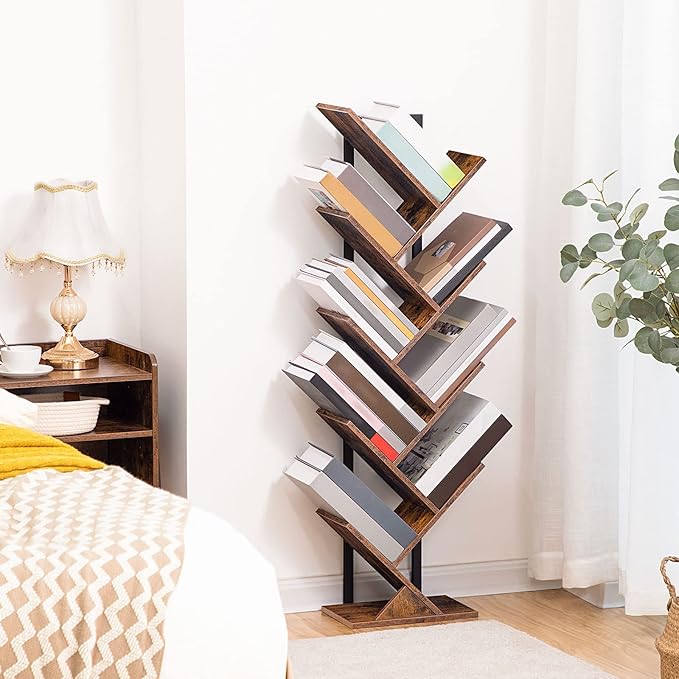 HOOBRO Tree Bookshelf, 9-Tier Bookcase Wooden Shelves, Floor Standing Storage Rack, for Display of CDs, Books in Living Room, Home Office, Wood Storage Rack for Bedroom, Rustic Brown BF08SJ01G1 - LeafyLoom