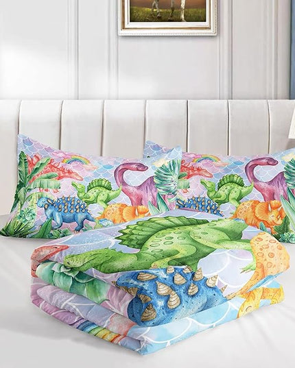 Datura home Kids Dinosaur Comforter Set for Girls Women,Cute Mermaid Scales and Rainbow Cloud Printed Pattern Kawaii Dinosaur Bedding Set with 2 Pillowcases(Dinosaur Rainbow Twin) - LeafyLoom