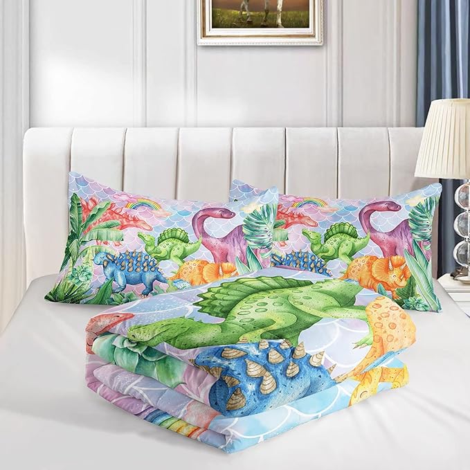 Datura home Kids Dinosaur Comforter Set for Girls Women,Cute Mermaid Scales and Rainbow Cloud Printed Pattern Kawaii Dinosaur Bedding Set with 2 Pillowcases(Dinosaur Rainbow Twin) - LeafyLoom