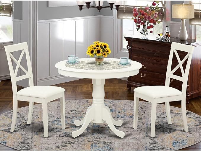 East West Furniture ANBO3-LWH-LC 3 Piece Modern Set Contains a Round Table with Pedestal and 2 Faux Leather Kitchen Dining Chairs, 36x36 Inch - LeafyLoom