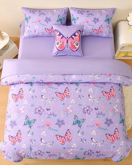 Butterfly Bedding Set Full, Purple Butterfly Comforter Set for Girls Kids Teens 6 pcs Bed in a Bag Full Bedding Sets for Girls - LeafyLoom