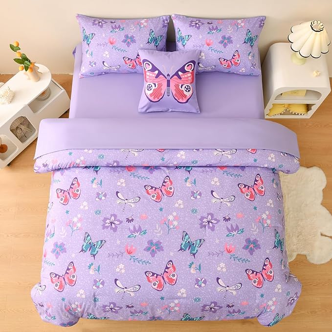 Butterfly Bedding Set Twin, Purple Butterfly Comforter Set for Girls Kids Teens 6 pcs Bed in a Bag Twin Bedding Sets for Girls - LeafyLoom