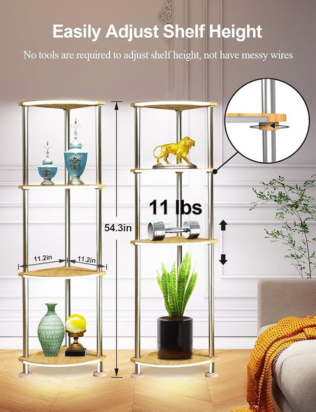 Floor Lamps with Shelves Dimmable, Corner Lamp with Shelves Height Adjustable, Corner Cabinet with Color Changing and Music Sync for Living Room - Wood Grain - LeafyLoom