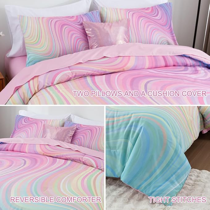 Btargot Super Soft 6 Pieces Gradient Wavy Line Comforter Set, Colorful Glitter Rainbow Star Pattern Bedding Set for Boys Girls Teens, Twin Pink Green - LeafyLoom