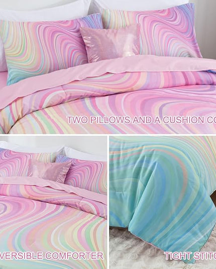 Btargot Super Soft 6 Pieces Gradient Wavy Line Comforter Set, Colorful Glitter Rainbow Star Pattern Bedding Set for Boys Girls Teens, Queen Pink Green - LeafyLoom