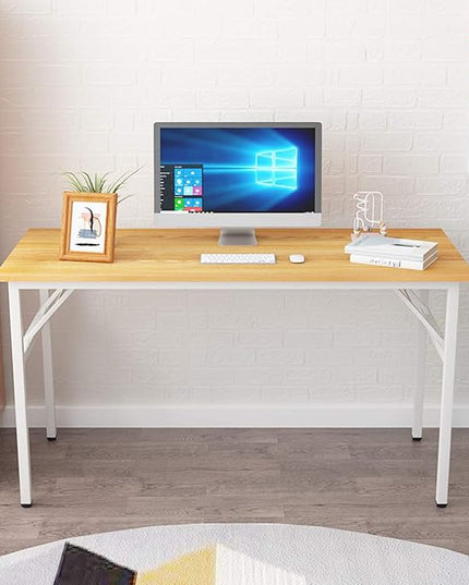 SDHYL 55inchesNo Assembly Foldable Computer Desk for Home Office Workstation, Study and Writing, Teak Board and White Leg - LeafyLoom