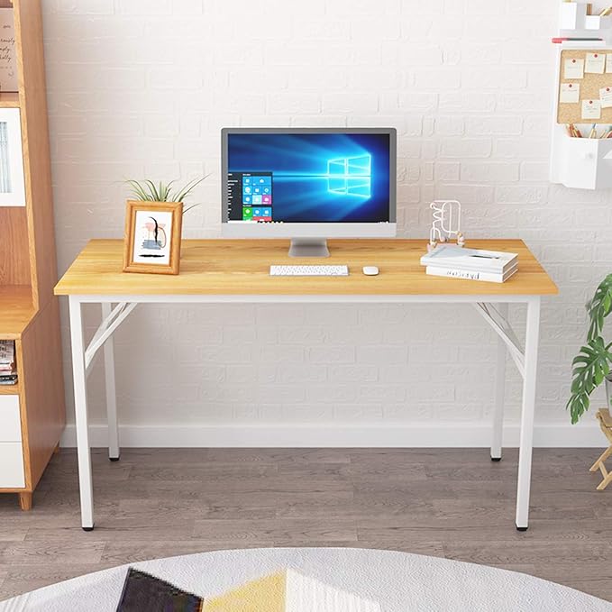 SDHYL 55inchesNo Assembly Foldable Computer Desk for Home Office Workstation, Study and Writing, Teak Board and White Leg - LeafyLoom