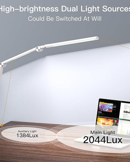 LED Desk Lamp, Desk Light for Home Office, Dual Light Source, Eye-Caring Optical Lens, 5 Color Modes & Brightness, Office Lamp, Clamp Lamp with Timer/Memory Function, 18W Nail Light - LeafyLoom