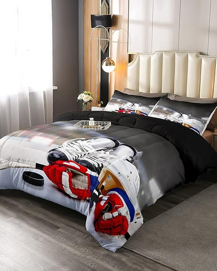 Erosebridal Ice Hockey Comforter Set King, Hockey Player Down Comforter for Kids Boys Girls Teens Juvenile, Sports Game Duvet Set, Soft Winter Quilted Duvet Sports Bedroom Decor for All Season - LeafyLoom