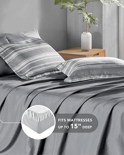 King Size Bed in a Bag, Full Bedding Sets, Modern Farmhouse Grey and White Striped Comforter with Sheets, 7-Piece Complete Bedroom Set - LeafyLoom