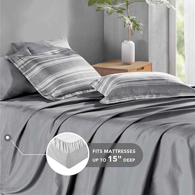 Queen Size Bed in a Bag, Full Bedding Sets, Modern Farmhouse Grey and White Striped Comforter with Sheets, 7-Piece Complete Bedroom Set - LeafyLoom