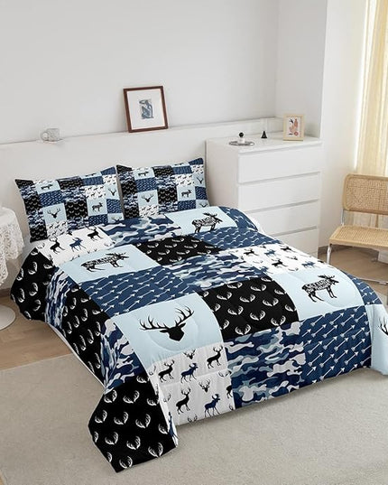 Cute Deer Comforter Set Queen, Military Camo Bedding Set for Kids Boys Teens Bedroom Tribal Animal Antlers Silhouette Quilted Comforter Checkered Plaid Arrows Bedding Comforters, Army Blue and White - LeafyLoom