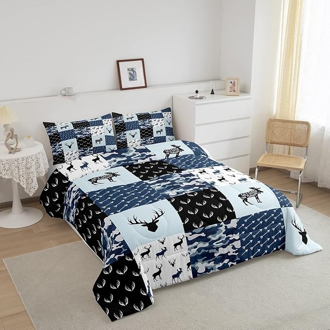 Cute Deer Comforter Set King, Military Camo Bedding Set for Kids Boys Girls Teens Bedroom Tribal Animal Antlers Silhouette Quilted Comforter Checkered Plaid Arrows Bedding Comforters, Army Blue&White - LeafyLoom
