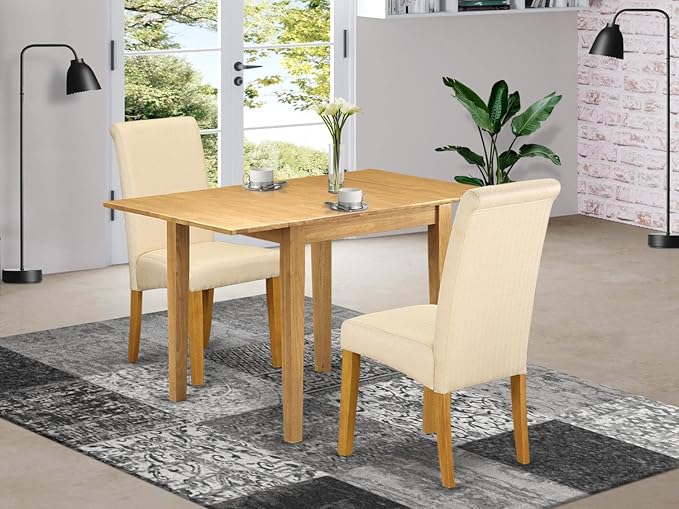 East West Furniture NDBA3-OAK-02 Norden 3 Piece Modern Dining Set Contains a Rectangle Wooden Table with Dropleaf and 2 Light Beige Linen Fabric Upholstered Chairs, 30x48 Inch, Oak - LeafyLoom