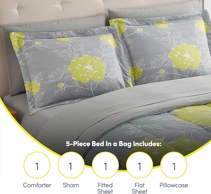 Sweet Home Collection 5 Piece Comforter Set Bag Solid Color All Season Soft Down Alternative Blanket & Luxurious Microfiber Bed Sheets, Florence, Twin - LeafyLoom
