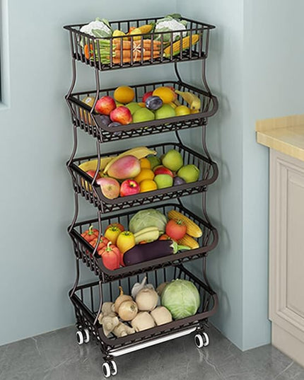 Wisdom Star 5 Tier Fruit Vegetable Basket for Kitchen, Storage Cart, Bins for Onions and Potatoes, Wire Storage Basket Organizer Utility Cart with Wheels,Bronze - LeafyLoom