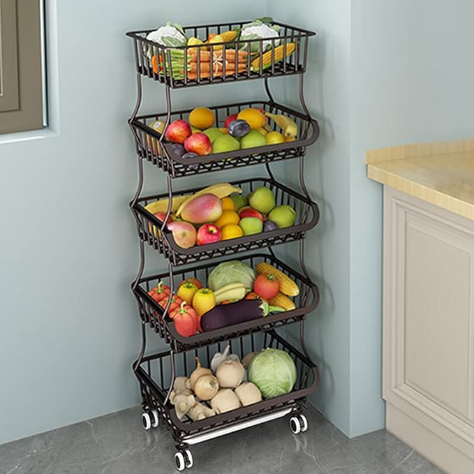 Wisdom Star 5 Tier Fruit Vegetable Basket for Kitchen, Storage Cart, Bins for Onions and Potatoes, Wire Storage Basket Organizer Utility Cart with Wheels,Bronze - LeafyLoom