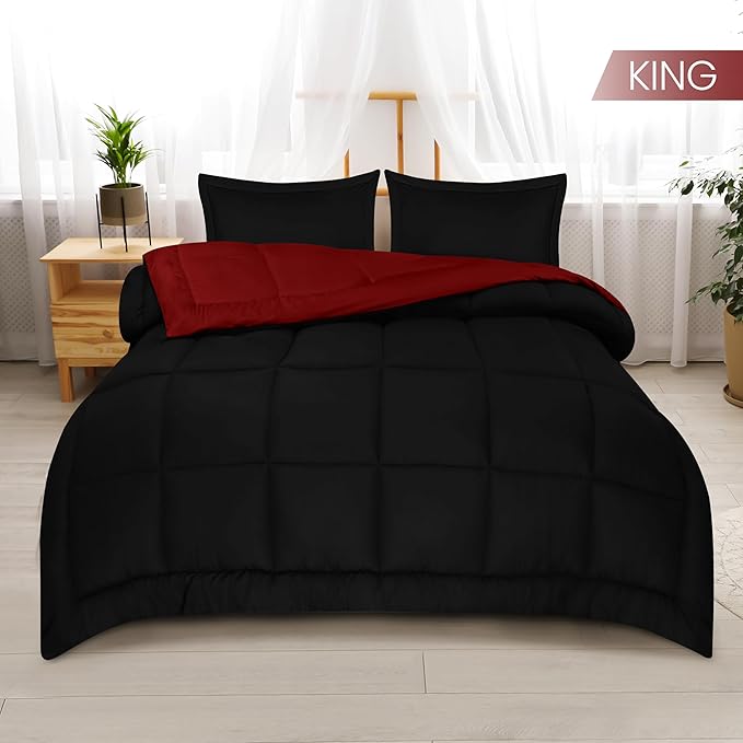 Utopia Bedding King Size Comforter Set with 2 Pillow Shams, Bedding Comforter Sets, Down Alternative Reversible Black/Red Comforter, Soft and Comfortable, Machine Washable - LeafyLoom