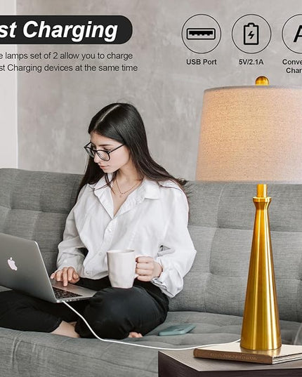 Oneach 25.75" 3-Way Dimmable Touch Control Modern USB Table Lamp Set of 2 for Living Room Bed Room Bedside Nightstand Lamps Fabric Shade Vintage Accent Light Gold Antique Brass - LeafyLoom