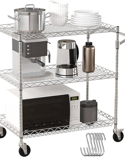 VEVOR Kitchen Utility Cart, 3 Tiers, Wire Rolling Cart with 661 LBS Capacity, Steel Service Cart on Wheels, Metal Storage Trolley with 80 mm Deep Basket Curved Handle 6 Hooks, NSF Listed - LeafyLoom